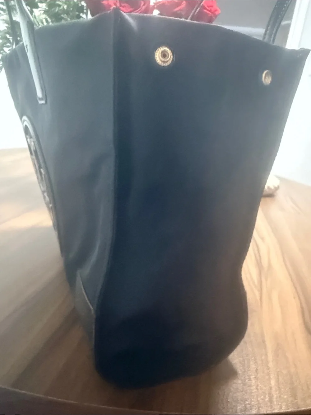 Tory Burch Black Nylon Tote with Patent Logo Accents